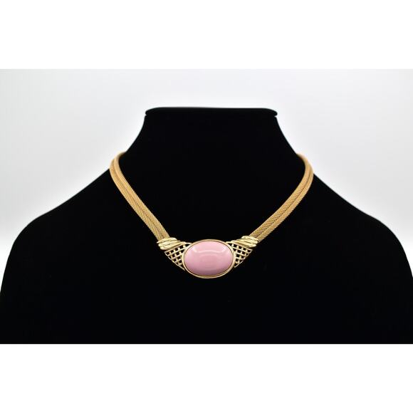 Trifari Vintage Cabochon Collar Necklace Pink Gold Snake Chain Mesh Signed BinBH - Picture 1 of 12